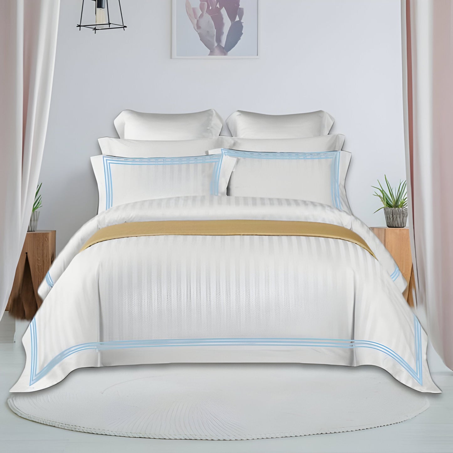 400TC Cotton Sateen Triple Edge Embroidery Stripe Duvet Cover Set