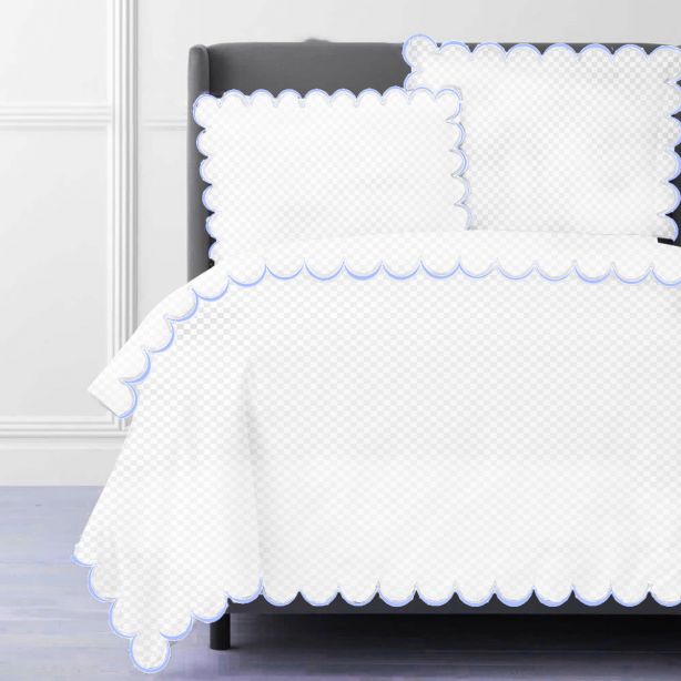 Allena 400TC Cotton Scallop Embroidery Sateen Microcheck Duvet Cover Set