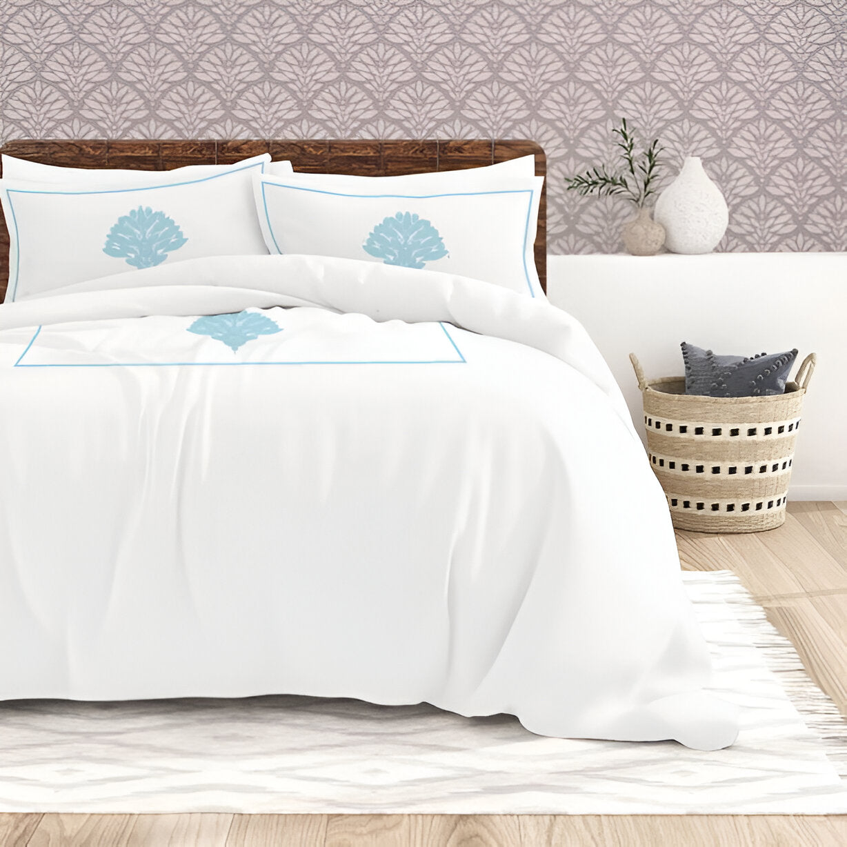 Leafy Embroidered Cotton Sateen Duvet Cover Set
