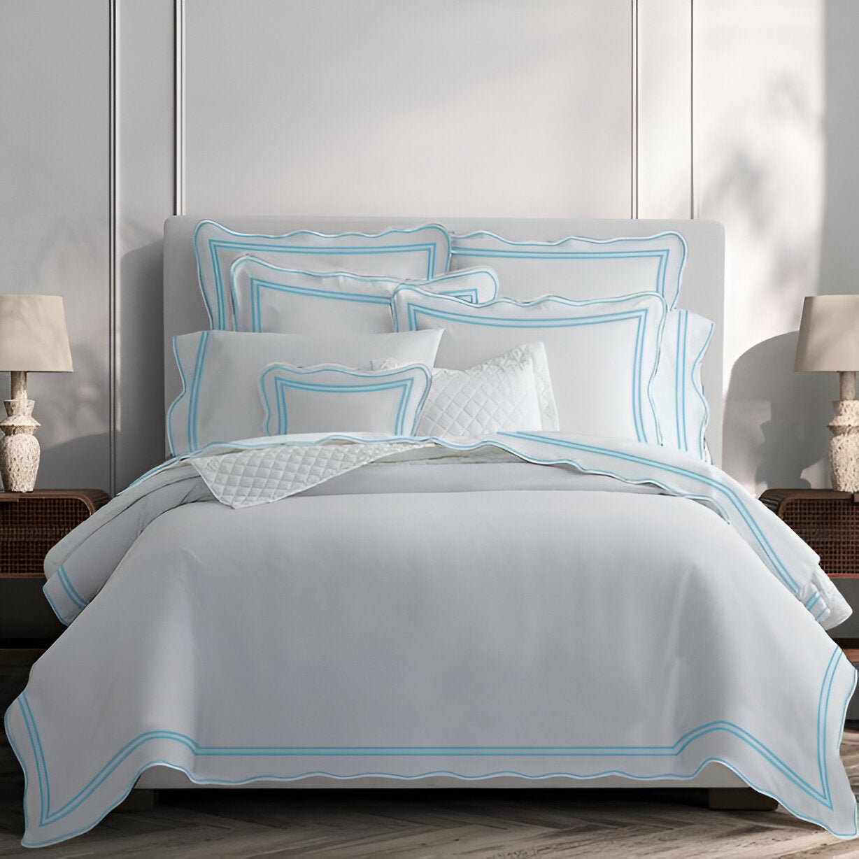 400TC Wavy Embroidery & Border Cotton Sateen Solid Duvet Cover Set