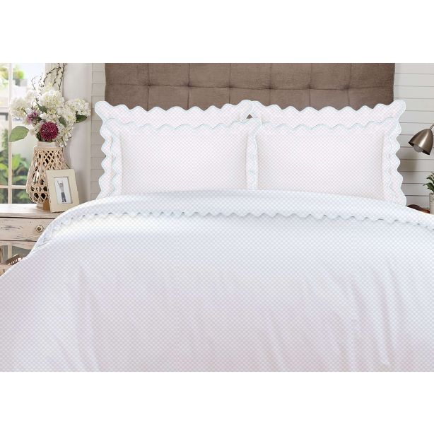 400TC Cotton Scallop Embroidery Sateen Microcheck Duvet Cover Set
