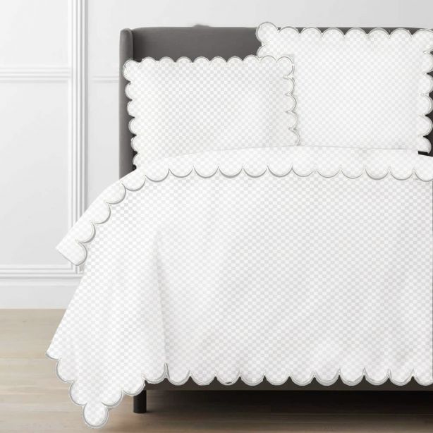 Allena 400TC Cotton Scallop Embroidery Sateen Microcheck Duvet Cover Set