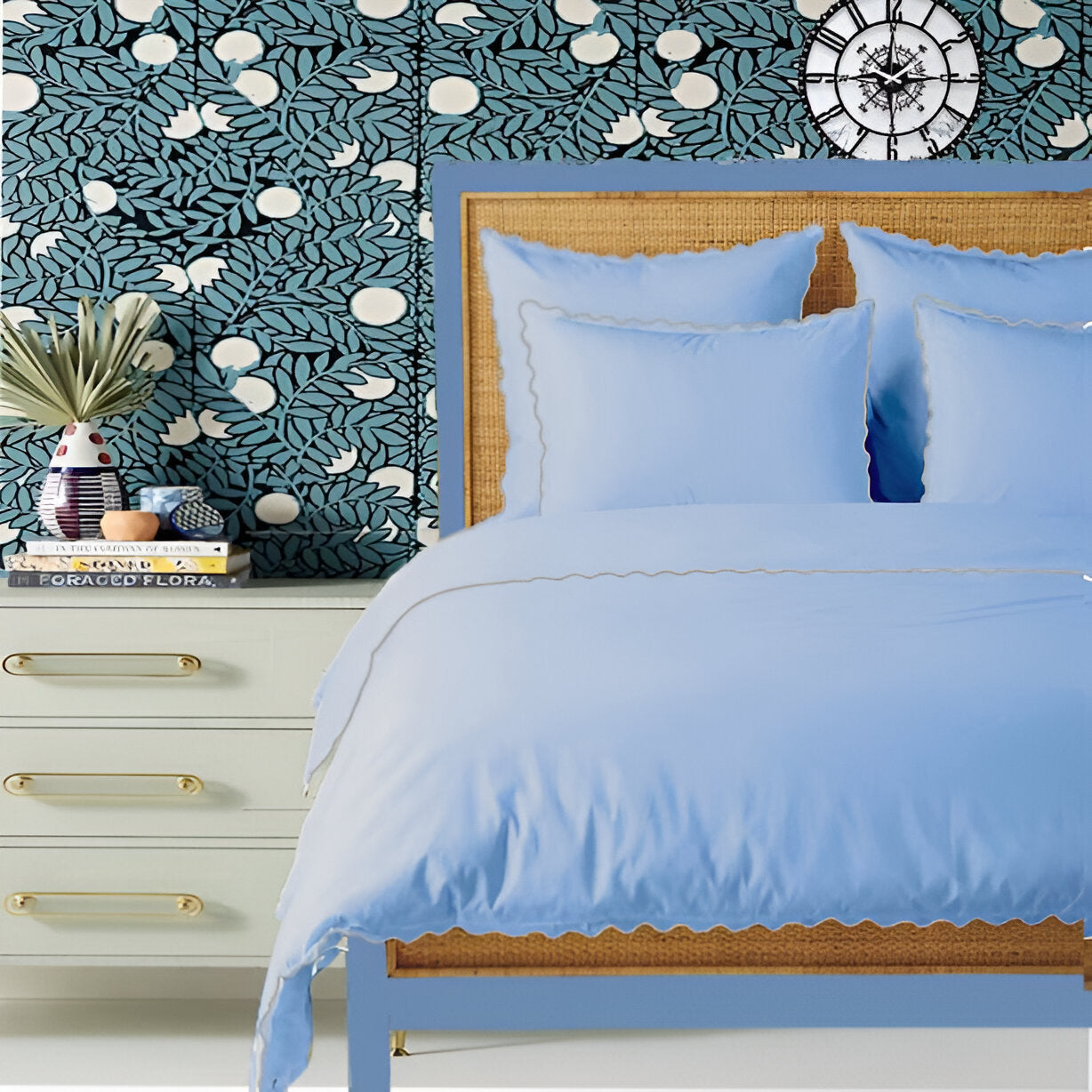 Light Blue 400TC Cotton Small Scallop Embroidery Duvet Cover Set