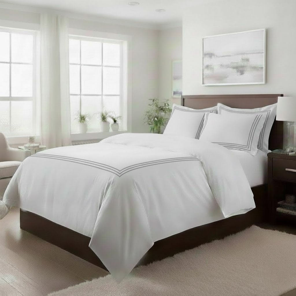 500TC Cotton Triple Embroidery Sateen Solid Duvet Cover Set
