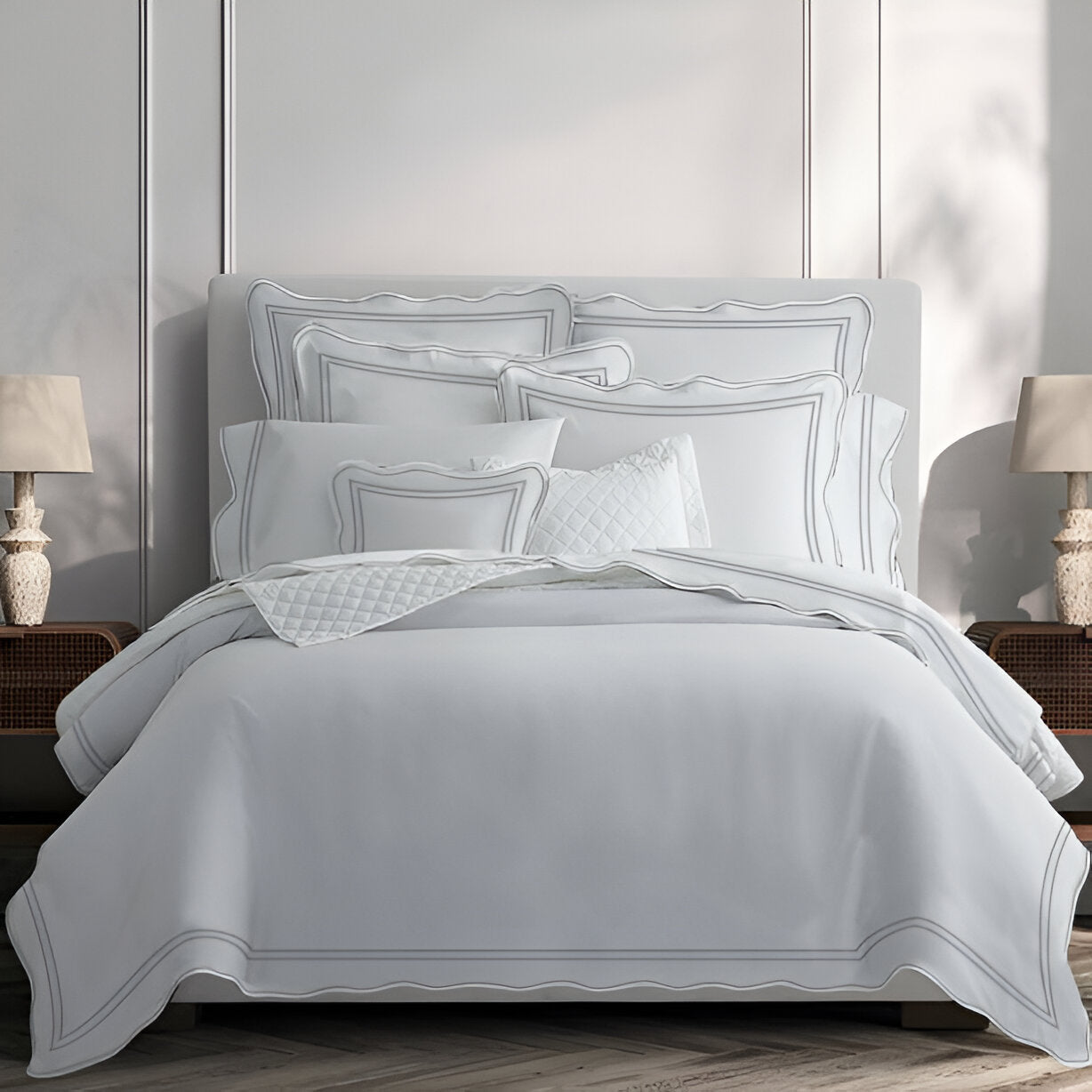 400TC Wavy Embroidery & Border Cotton Sateen Solid Duvet Cover Set