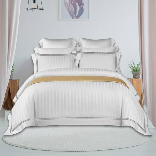 400TC Cotton Double Edge Embroidery Sateen Stripe Duvet Cover Set