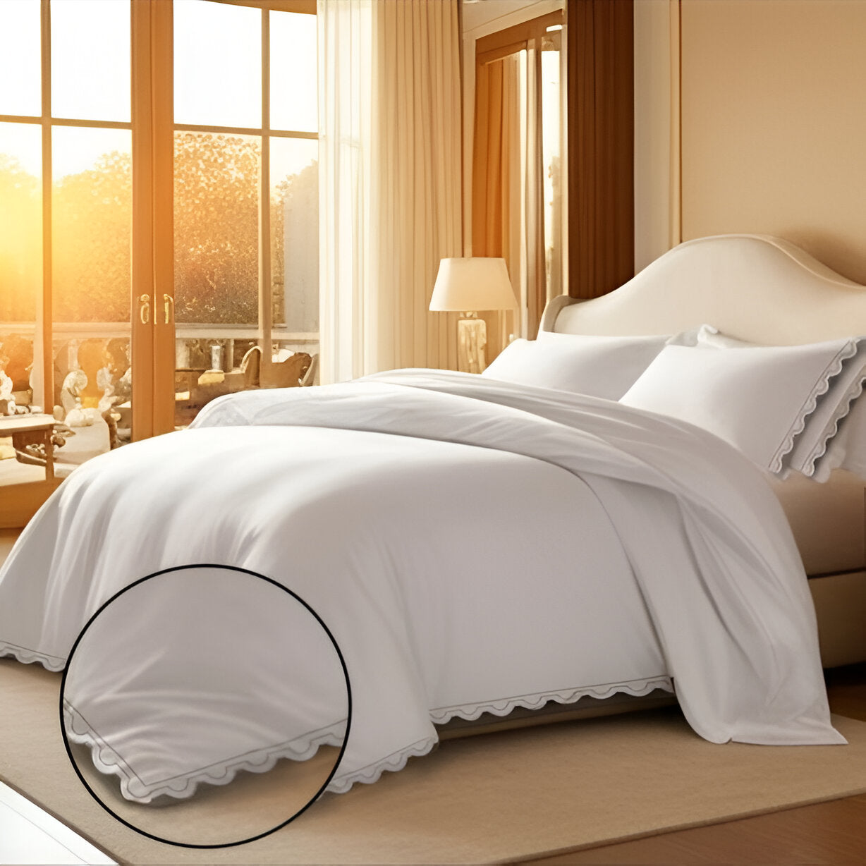 400TC U Shape Scallop Embroidery Cotton Duvet Cover Set