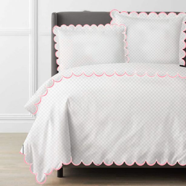 Allena 400TC Cotton Scallop Embroidery Sateen Microcheck Duvet Cover Set
