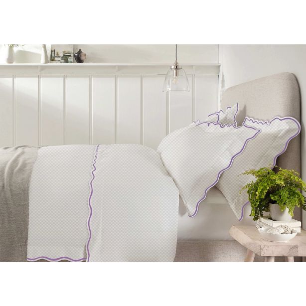 400TC Cotton Scallop Embroidery Sateen Microcheck Duvet Cover Set