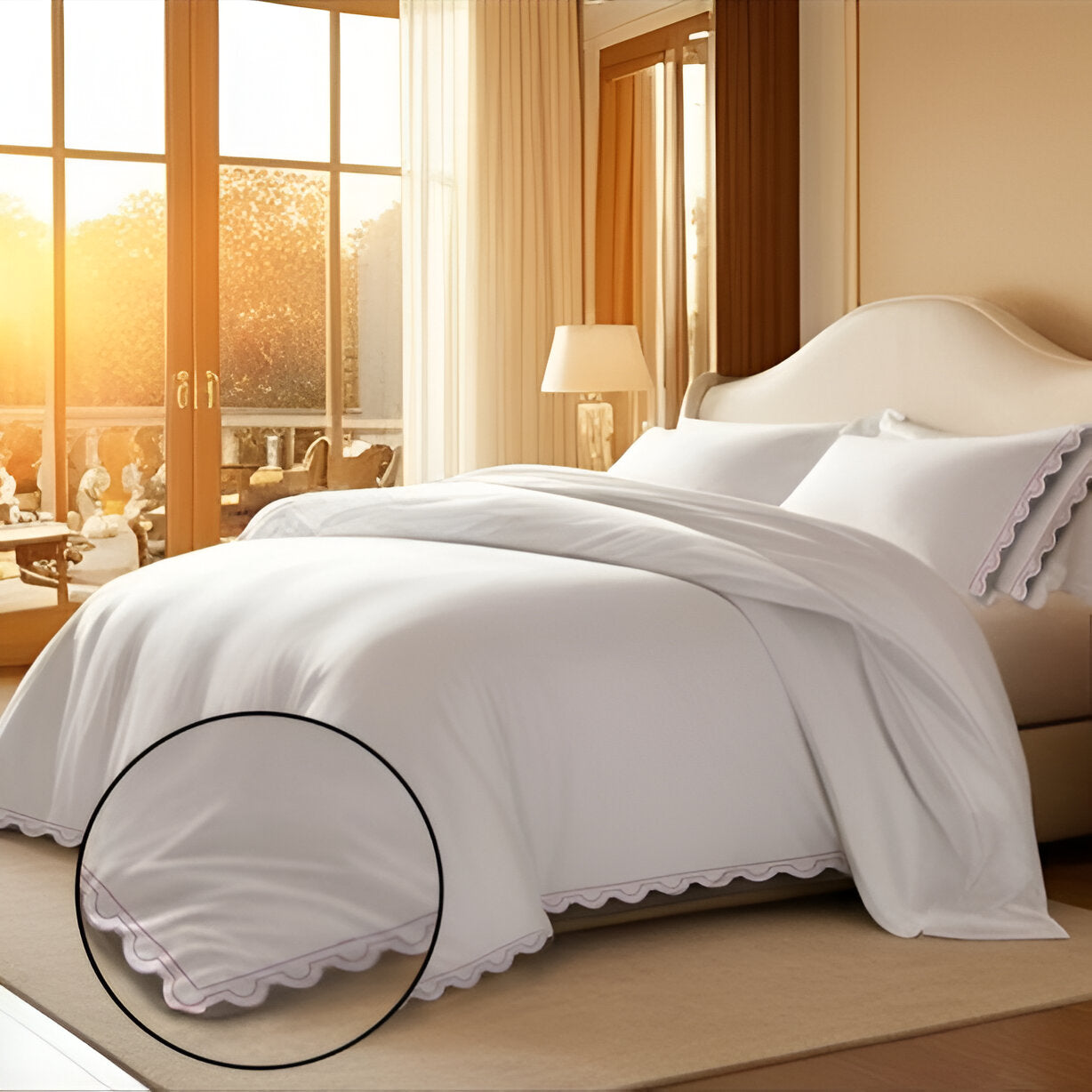 400TC U Shape Scallop Embroidery Cotton Duvet Cover Set
