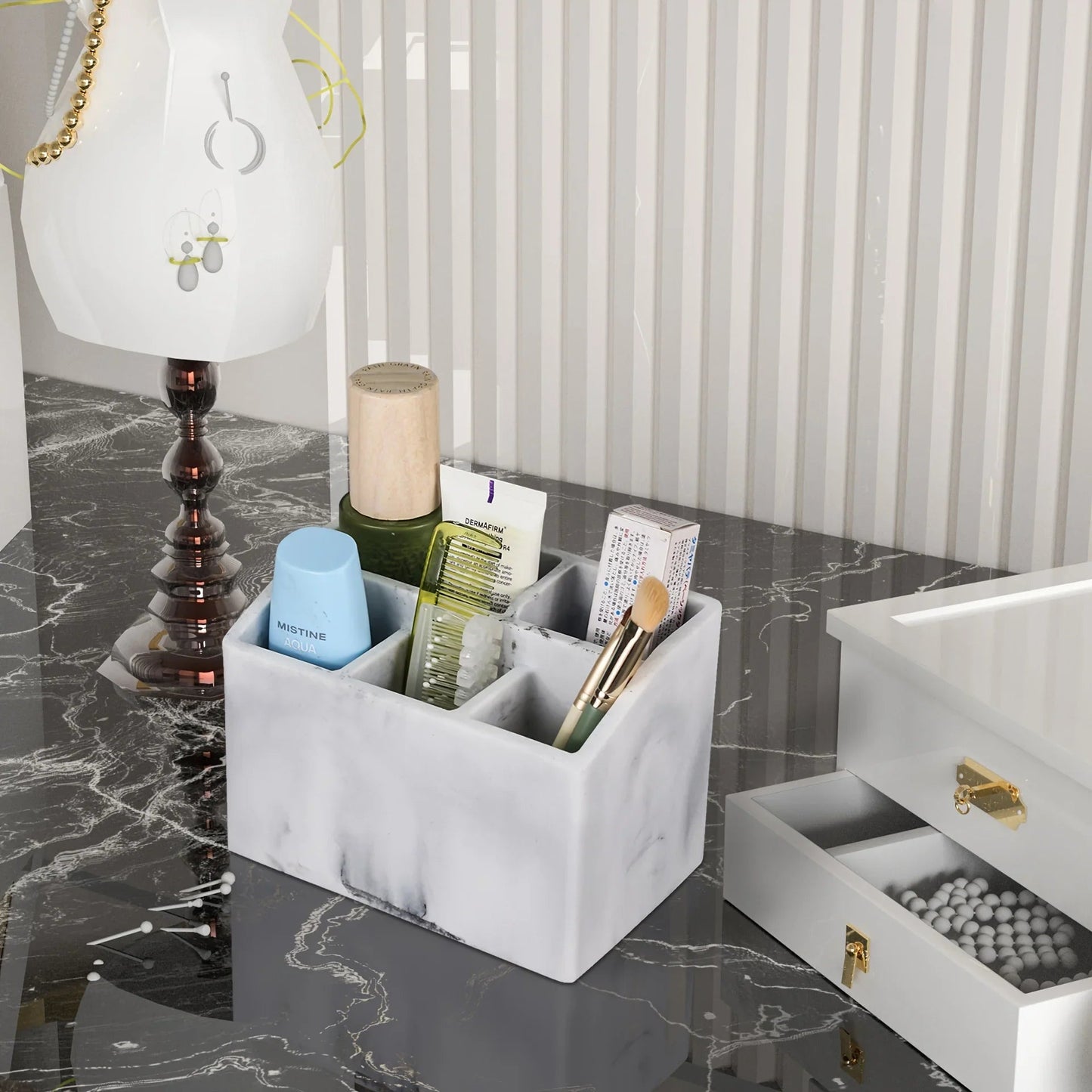 Marble White Resin Toothbrush & Toothpaste Holder - Multi-Functional Bathroom Organizer for Electric Toothbrushes, Stationery Storage Box - Perfect Christmas or Halloween Gift