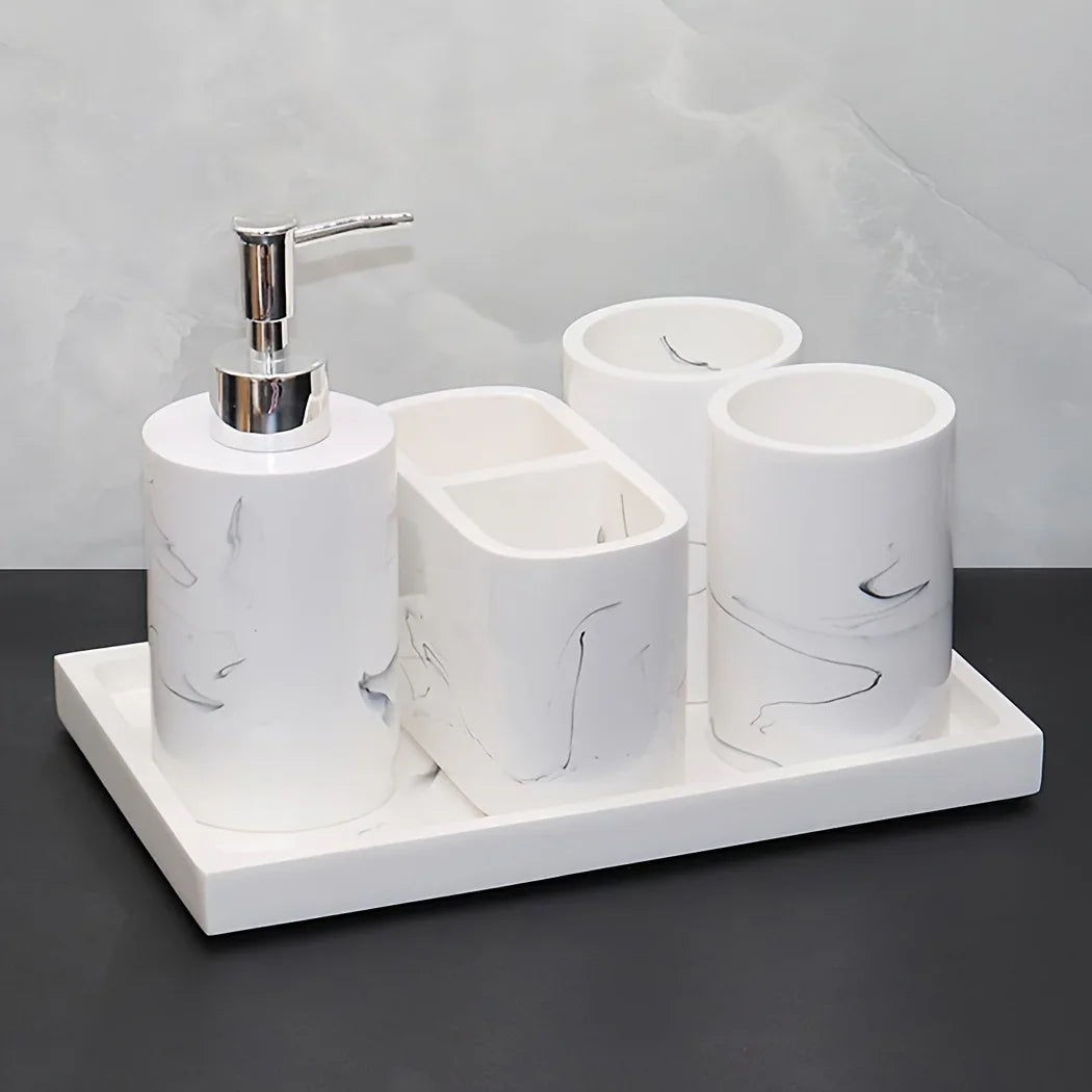 Modern Marble Look Ink-Style 5pcs Bathroom Accessory Set with Rectangular Tray, Toothbrush Holder, Tumbler, and Lotion Dispenser Set