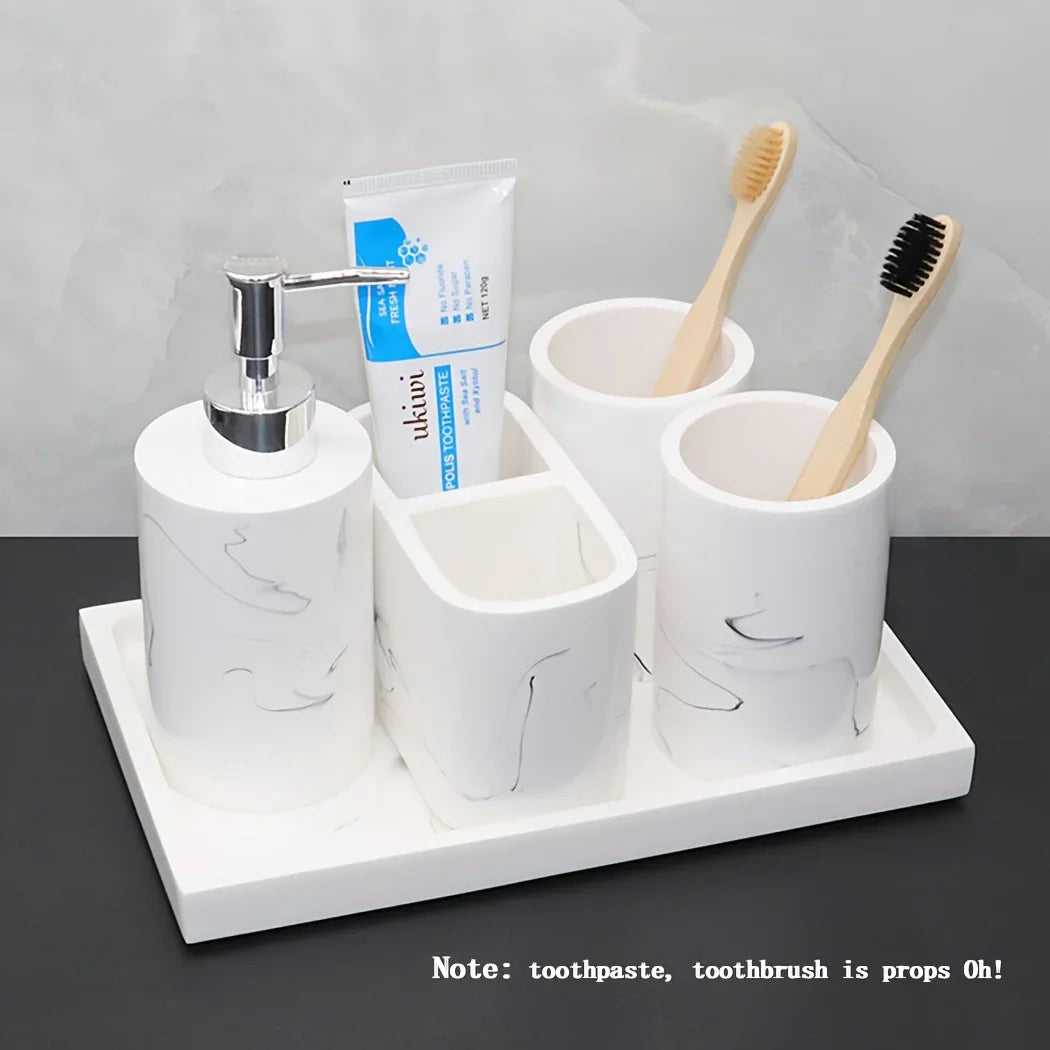 Modern Marble Look Ink-Style 5pcs Bathroom Accessory Set with Rectangular Tray, Toothbrush Holder, Tumbler, and Lotion Dispenser Set
