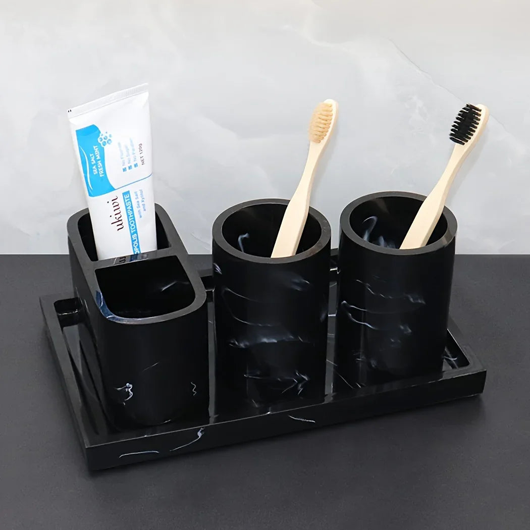 Modern Marble Look Ink-Style 5pcs Bathroom Accessory Set with Rectangular Tray, Toothbrush Holder, Tumbler, and Lotion Dispenser Set