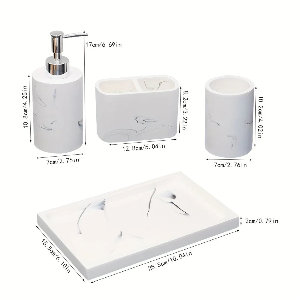 Modern Marble Look Ink-Style 5pcs Bathroom Accessory Set with Rectangular Tray, Toothbrush Holder, Tumbler, and Lotion Dispenser Set
