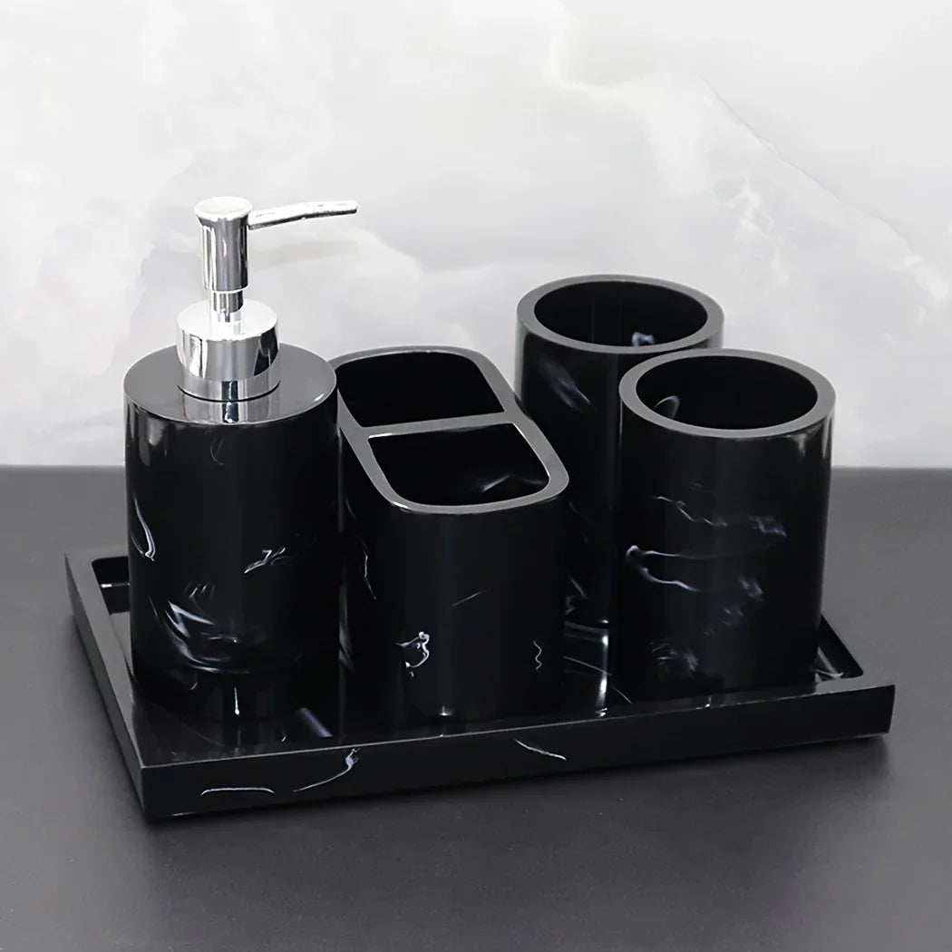 Modern Marble Look Ink-Style 5pcs Bathroom Accessory Set with Rectangular Tray, Toothbrush Holder, Tumbler, and Lotion Dispenser Set