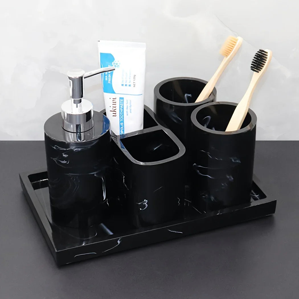 Modern Marble Look Ink-Style 5pcs Bathroom Accessory Set with Rectangular Tray, Toothbrush Holder, Tumbler, and Lotion Dispenser Set