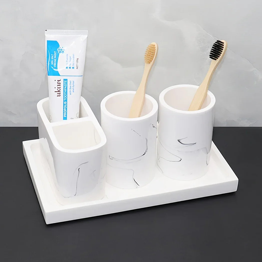 Modern Marble Look Ink-Style 5pcs Bathroom Accessory Set with Rectangular Tray, Toothbrush Holder, Tumbler, and Lotion Dispenser Set