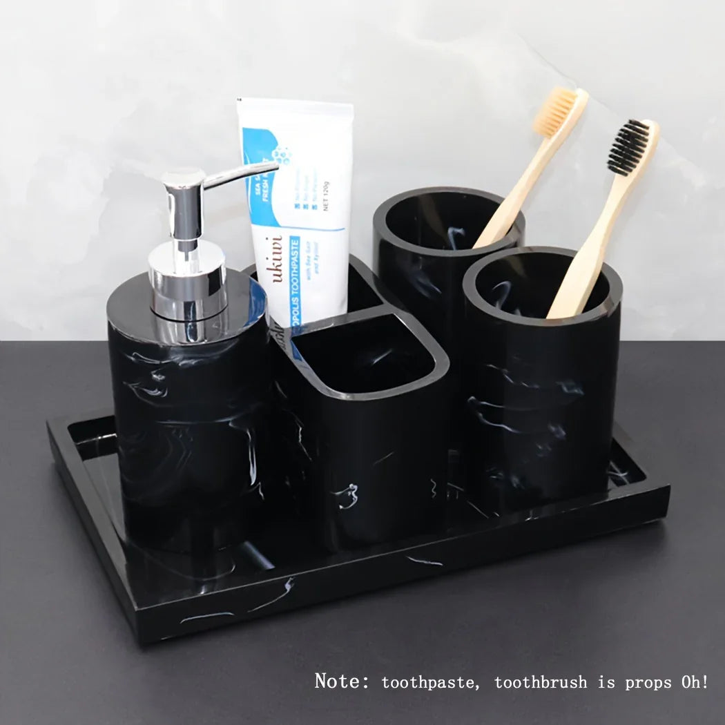 Modern Marble Look Ink-Style 5pcs Bathroom Accessory Set with Rectangular Tray, Toothbrush Holder, Tumbler, and Lotion Dispenser Set