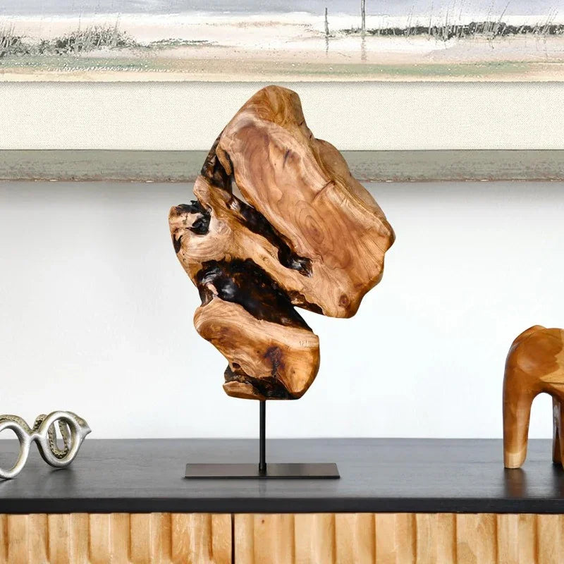 Natural Live Edge Wood Sculpture on Stand for Rustic Home Decor