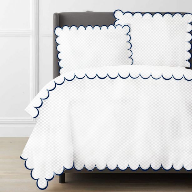 Allena 400TC Cotton Scallop Embroidery Sateen Microcheck Duvet Cover Set