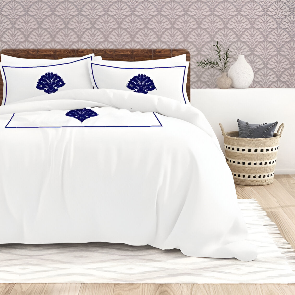 Leafy Embroidered Cotton Sateen Duvet Cover Set