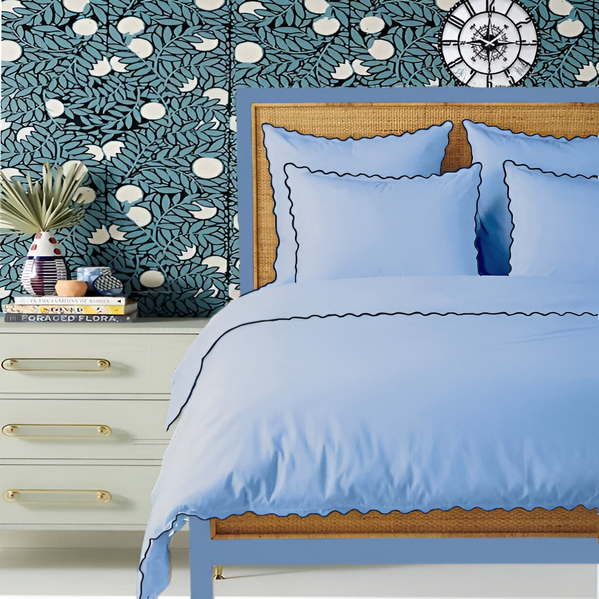 Light Blue 400TC Cotton Small Scallop Embroidery Duvet Cover Set