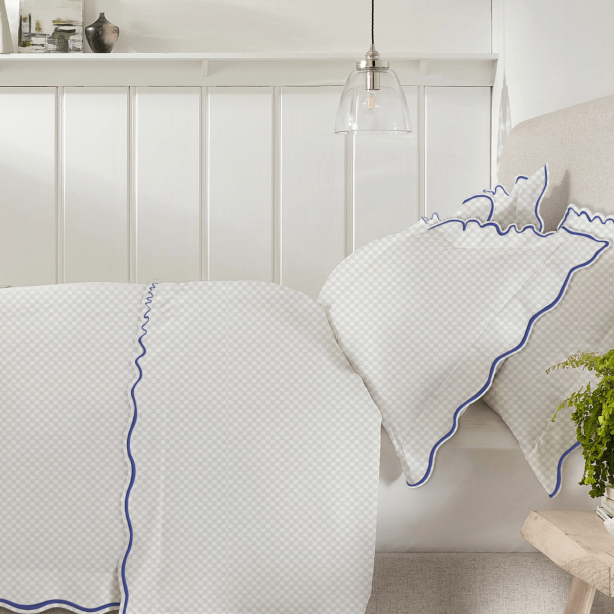 400TC Cotton Scallop Embroidery Sateen Microcheck Duvet Cover Set