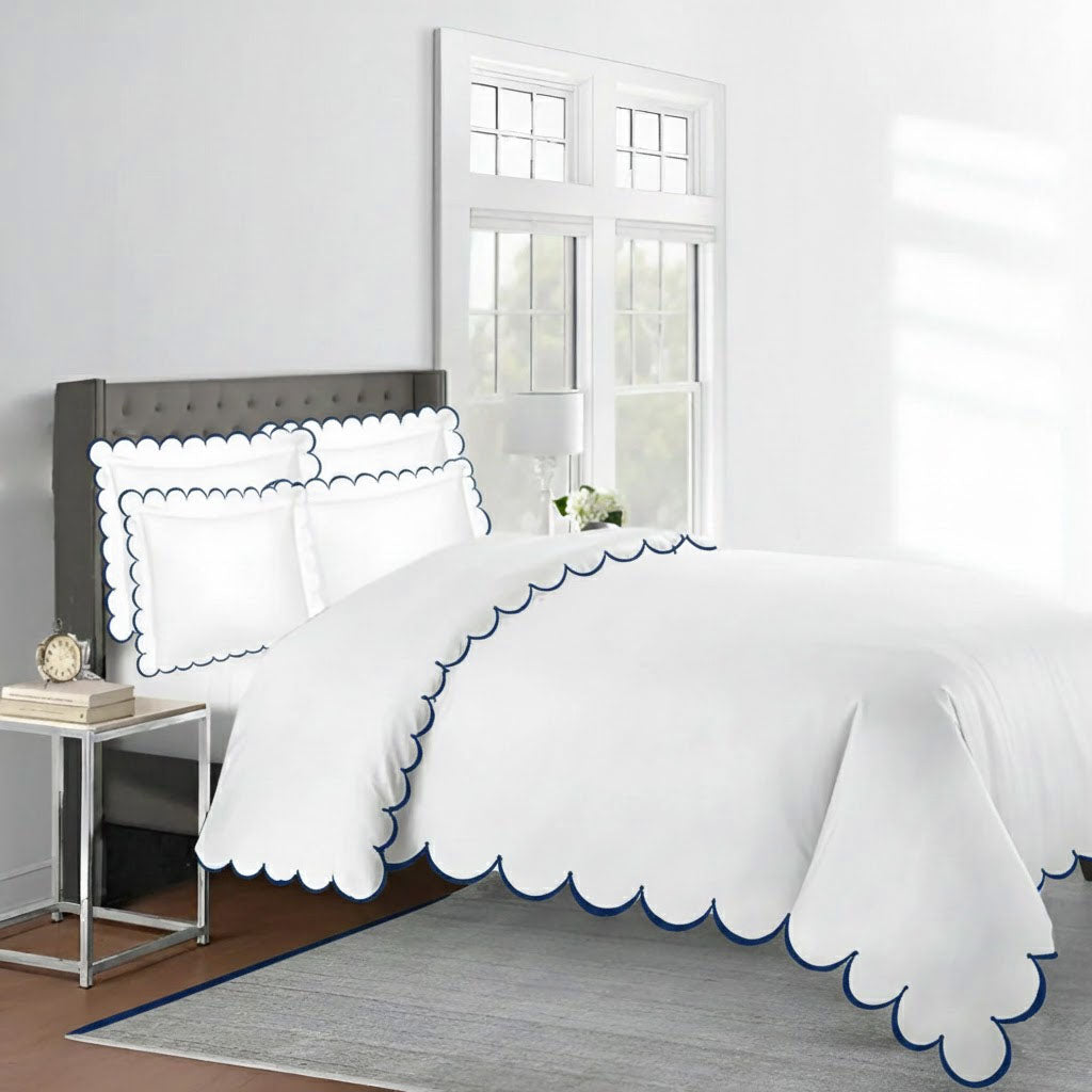Allena 400TC Cotton Scallop Embroidery Sateen Solid Duvet Cover Set