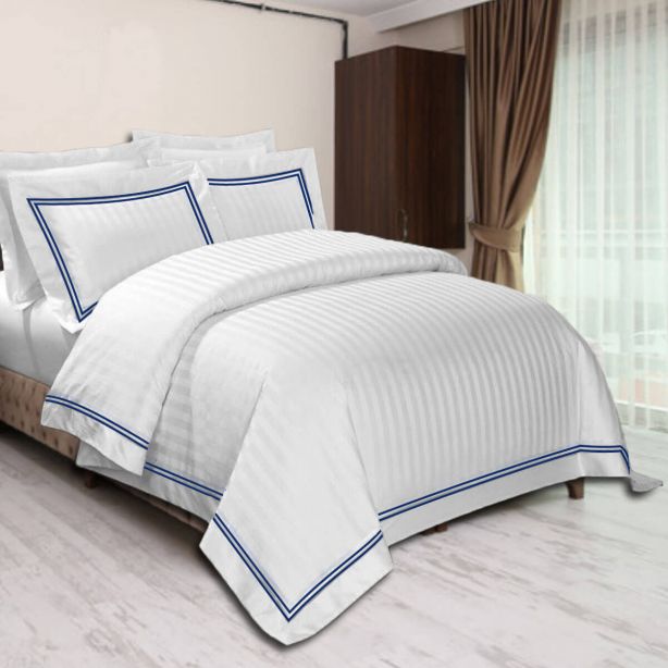 400TC Cotton Double Edge Embroidery Sateen Stripe Duvet Cover Set