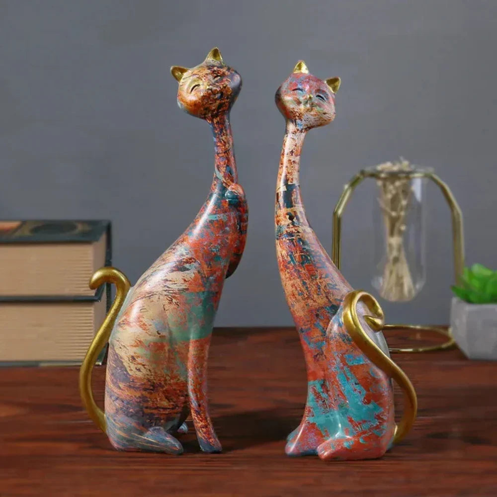 Abstract Colorful Cat Figurine Set Decorative Sculptures