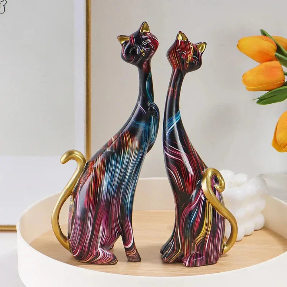 Abstract Colorful Cat Figurine Set Decorative Sculptures