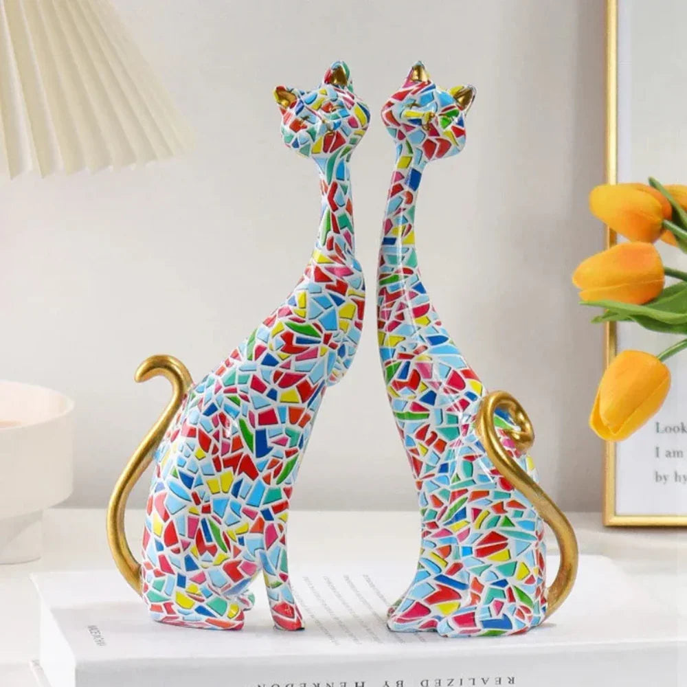 Abstract Colorful Cat Figurine Set Decorative Sculptures