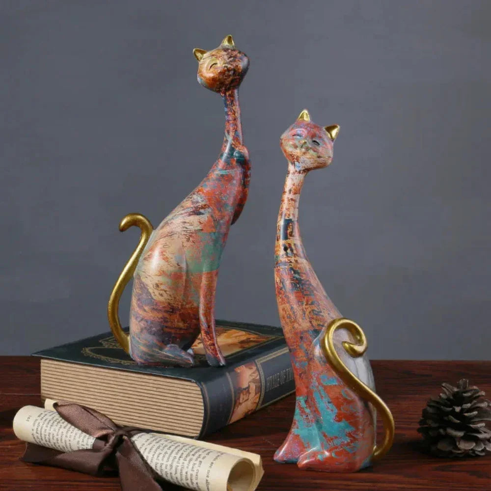 Abstract Colorful Cat Figurine Set Decorative Sculptures