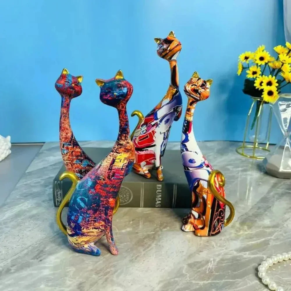 Abstract Colorful Cat Figurine Set Decorative Sculptures