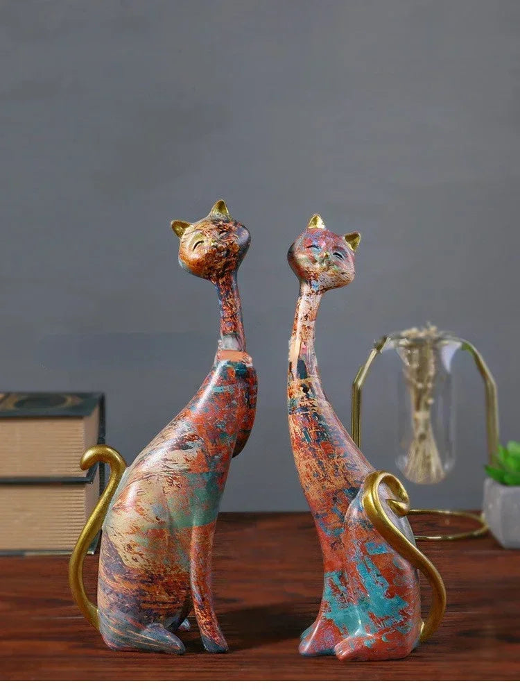 Abstract Colorful Cat Figurine Set Decorative Sculptures