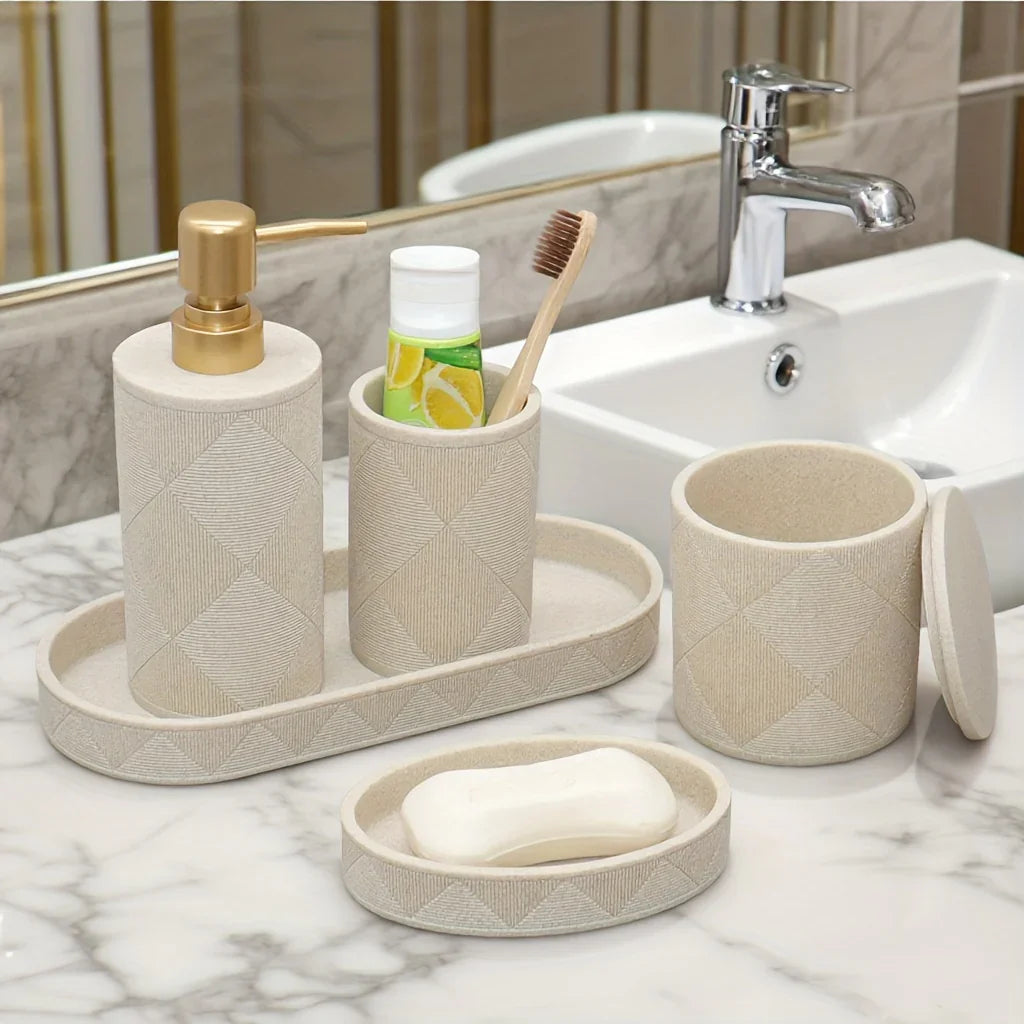 Nordic Modern Beige Bathroom Set - Complete Shower & Sink Organizer Kit with Toothbrush Holder, Soap Dispenser-Compatible Tray, Durable Beige Storage Compartments for Countertop - Minimalist Scandinavian Style (No Assembly Re