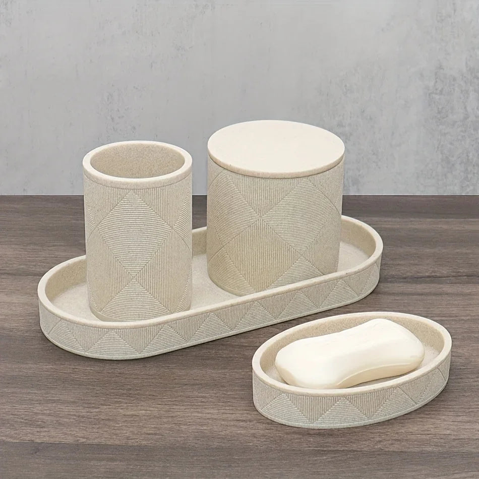 Nordic Modern Beige Bathroom Set - Complete Shower & Sink Organizer Kit with Toothbrush Holder, Soap Dispenser-Compatible Tray, Durable Beige Storage Compartments for Countertop - Minimalist Scandinavian Style (No Assembly Re