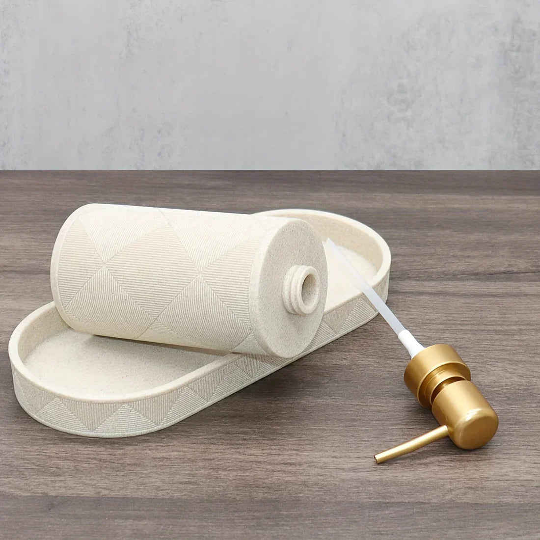 Nordic Modern Beige Bathroom Set - Complete Shower & Sink Organizer Kit with Toothbrush Holder, Soap Dispenser-Compatible Tray, Durable Beige Storage Compartments for Countertop - Minimalist Scandinavian Style (No Assembly Re