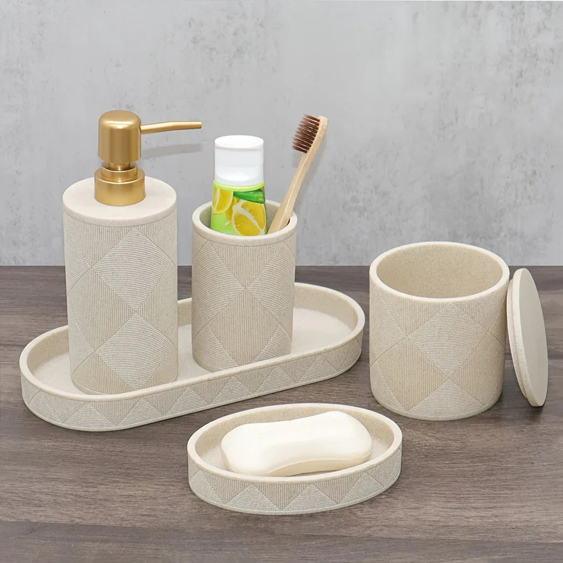Nordic Modern Beige Bathroom Set - Complete Shower & Sink Organizer Kit with Toothbrush Holder, Soap Dispenser-Compatible Tray, Durable Beige Storage Compartments for Countertop - Minimalist Scandinavian Style (No Assembly Re