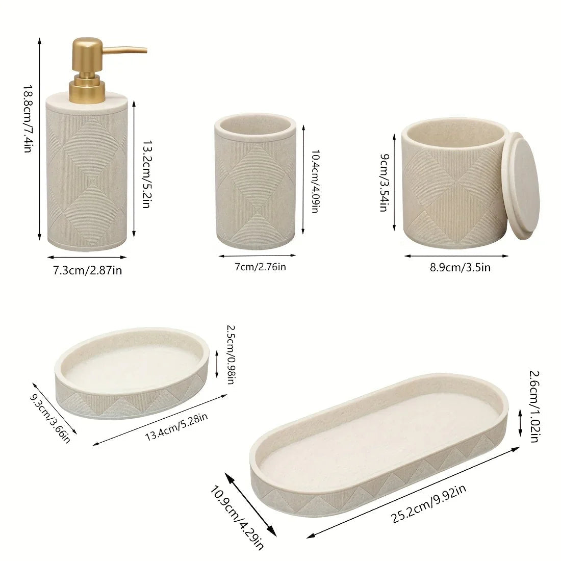 Nordic Modern Beige Bathroom Set - Complete Shower & Sink Organizer Kit with Toothbrush Holder, Soap Dispenser-Compatible Tray, Durable Beige Storage Compartments for Countertop - Minimalist Scandinavian Style (No Assembly Re