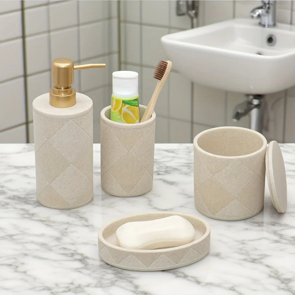Nordic Modern Beige Bathroom Set - Complete Shower & Sink Organizer Kit with Toothbrush Holder, Soap Dispenser-Compatible Tray, Durable Beige Storage Compartments for Countertop - Minimalist Scandinavian Style (No Assembly Re