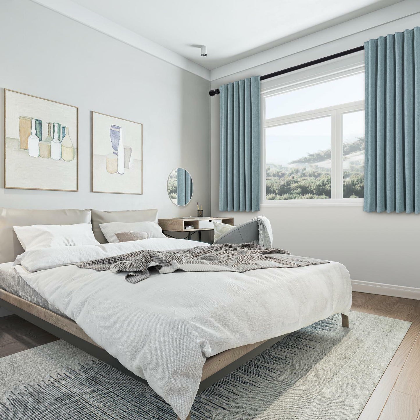 PANGSINNE 63in Blackout Linen Curtains 2 Panels Dusty Blue 52x63in