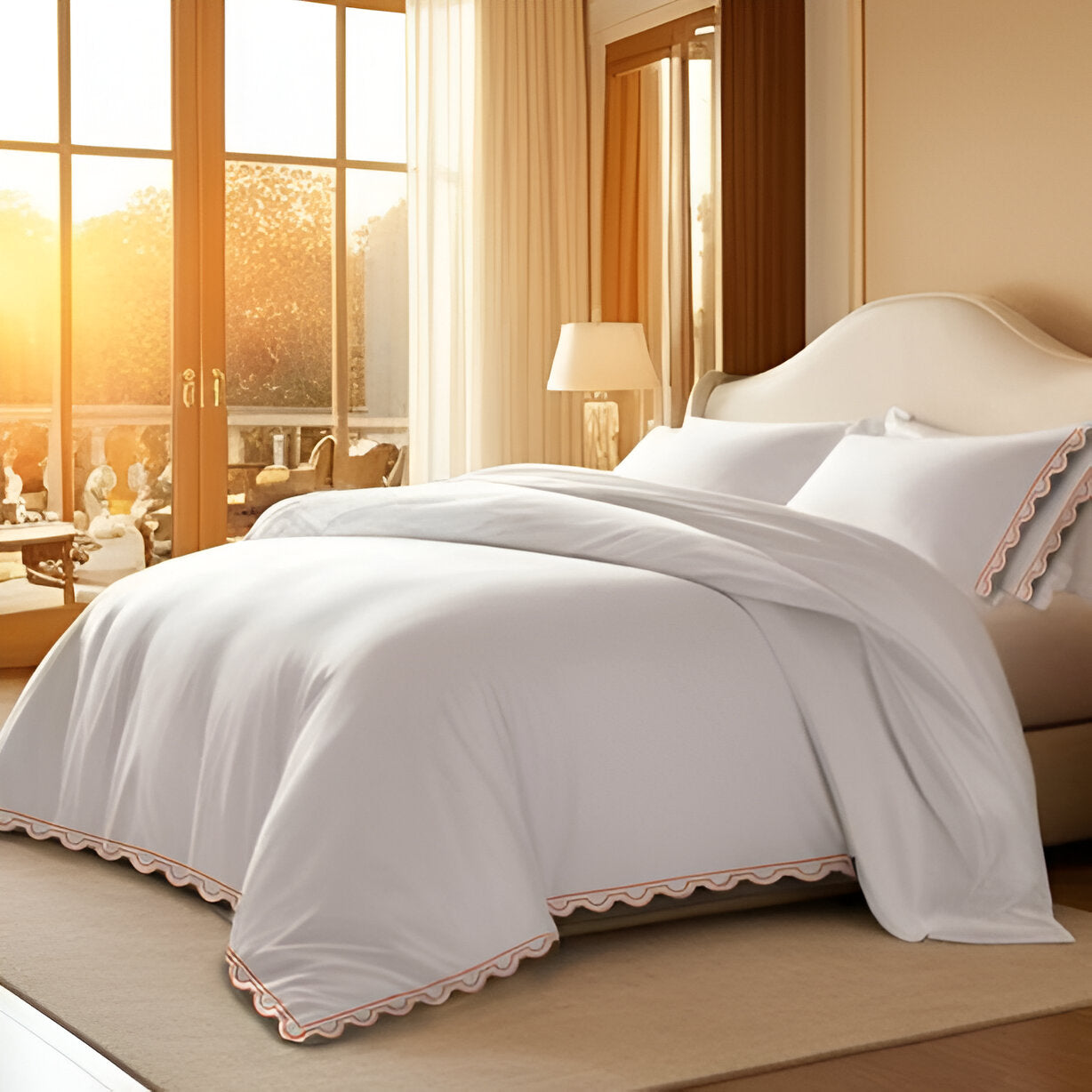 400TC U Shape Scallop Embroidery Cotton Duvet Cover Set