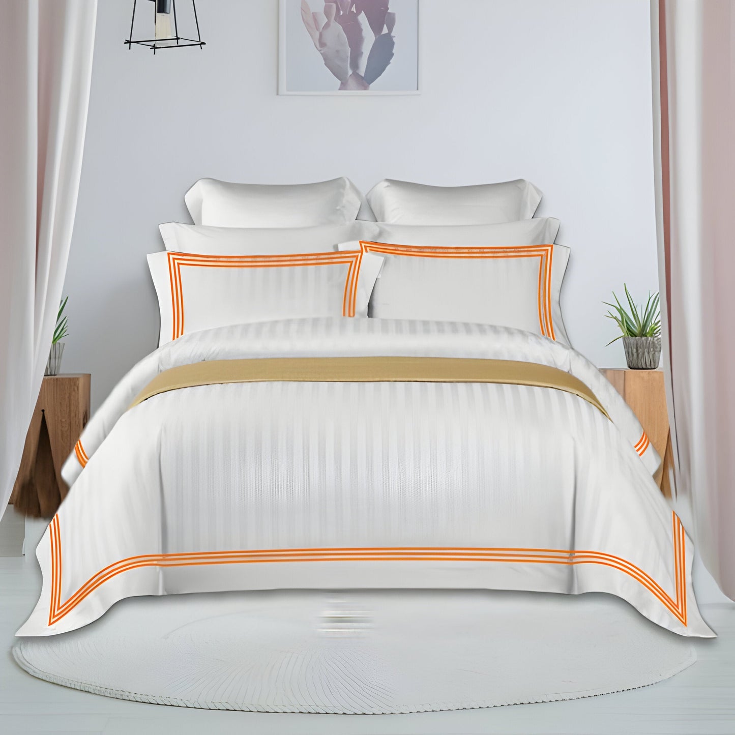400TC Cotton Sateen Triple Edge Embroidery Stripe Duvet Cover Set