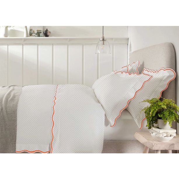 400TC Cotton Scallop Embroidery Sateen Microcheck Duvet Cover Set