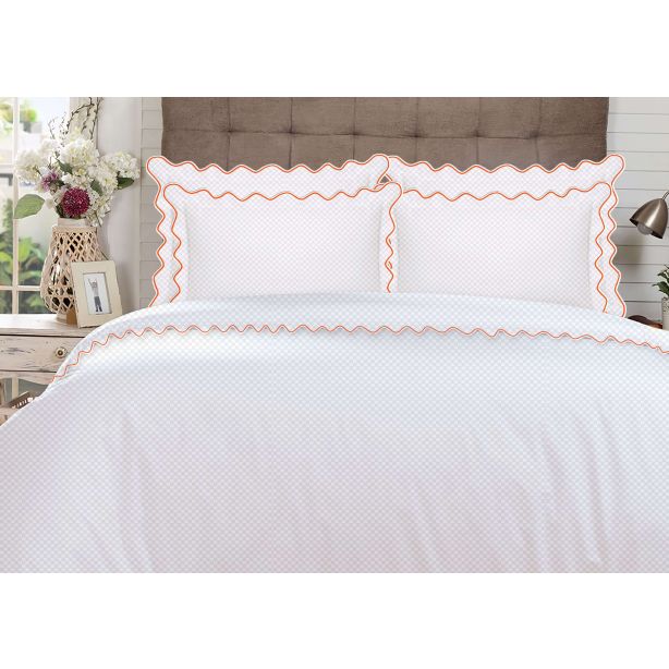 400TC Cotton Scallop Embroidery Sateen Microcheck Duvet Cover Set