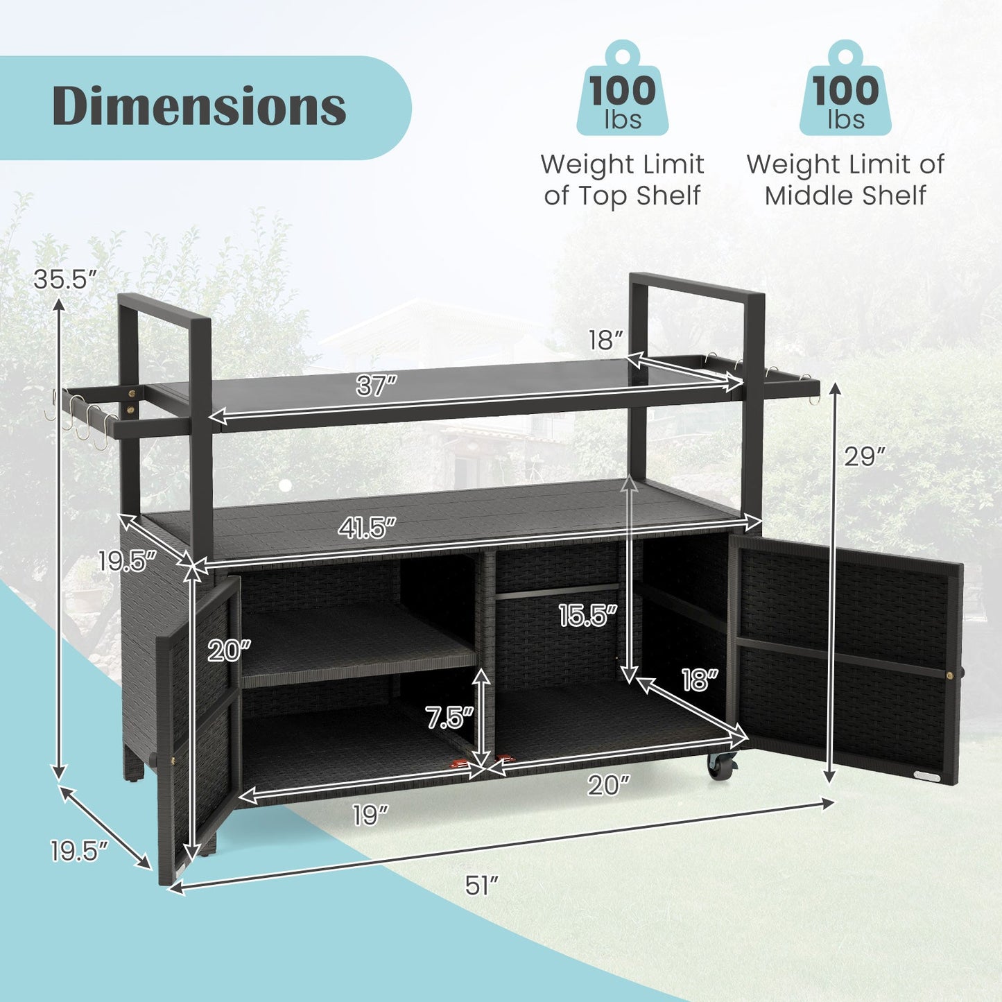Outdoor Bar Cart Wicker Buffet Serving Cart with Cabinet and 8 Hooks