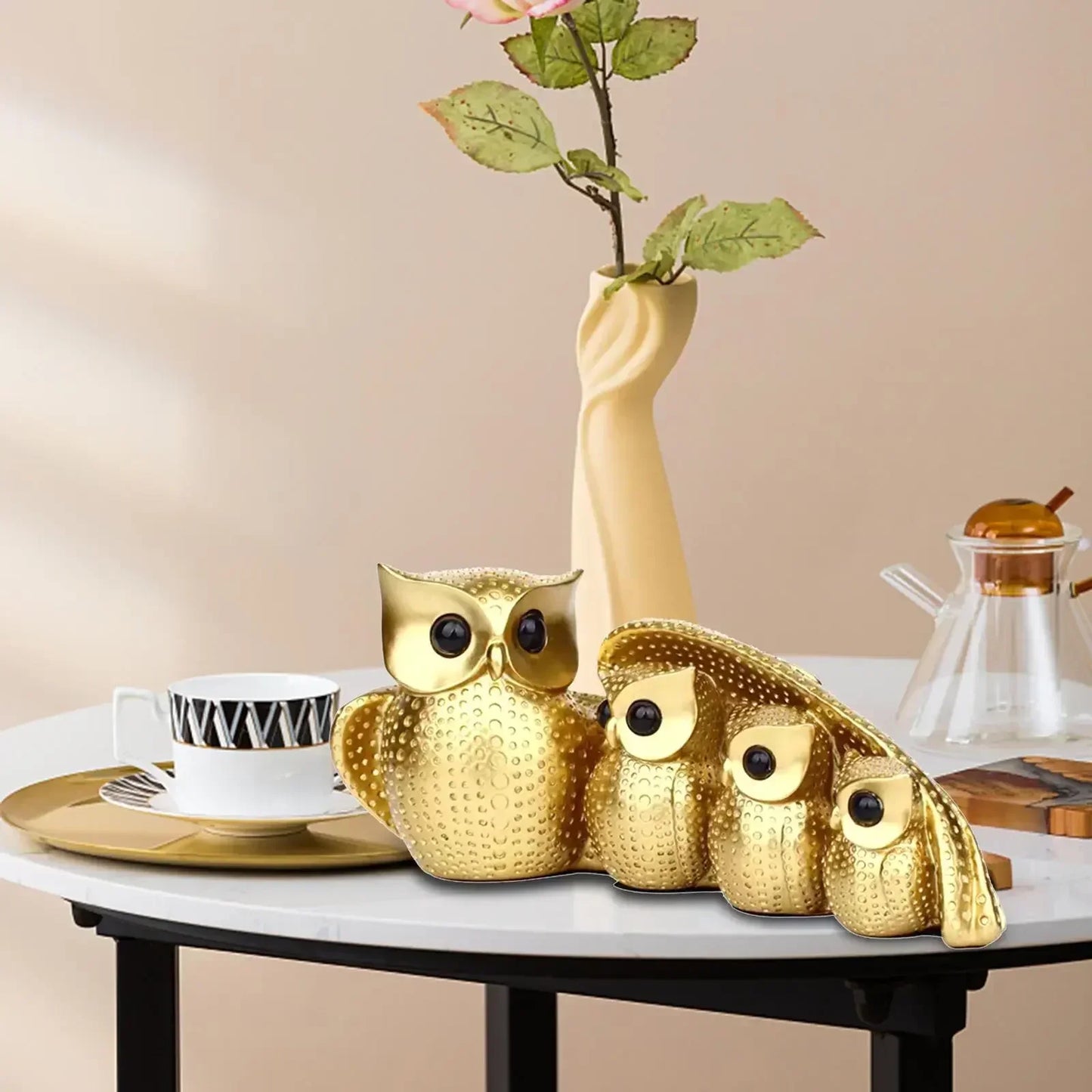 Golden Owl Family Figurine Decorative Tabletop Sculpture