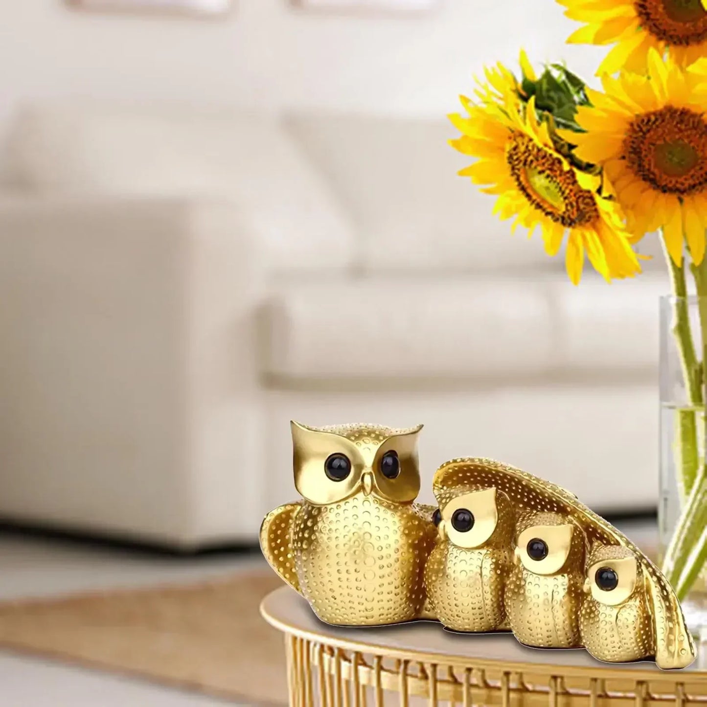 Golden Owl Family Figurine Decorative Tabletop Sculpture